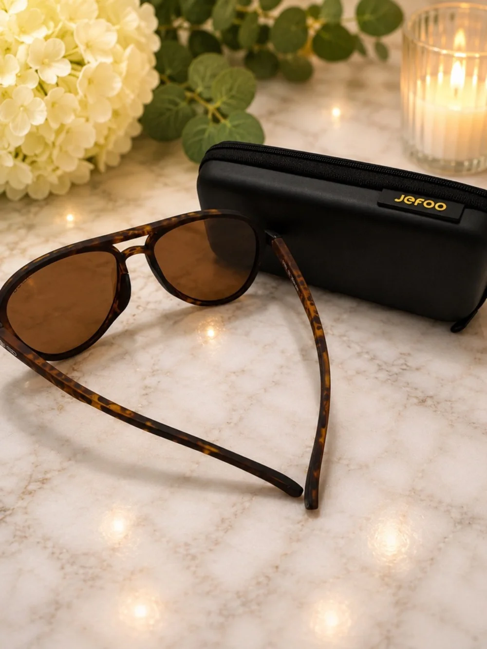 Jefoo Aviator Sunglasses Brown Lenses Tortoise Arms w/ Case & Pouch